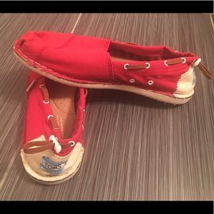 Red Canvas Toms with brown leather drawstring